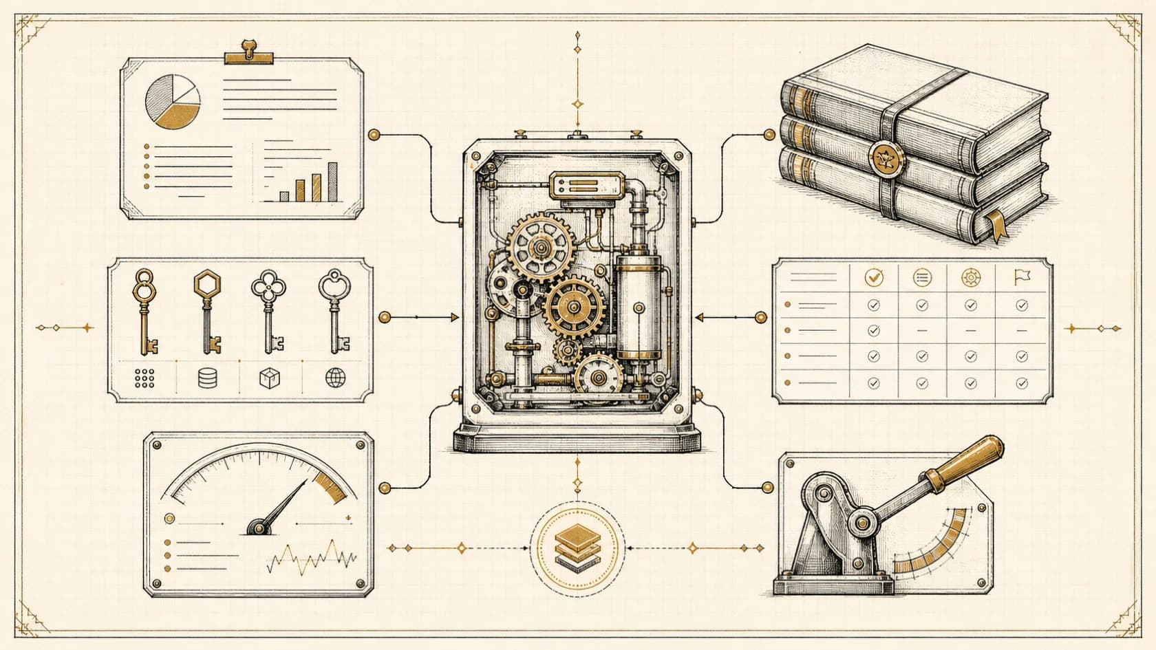 Editorial agent architecture showing business function, knowledge, tools, permissions, tests, observability, and human handoff