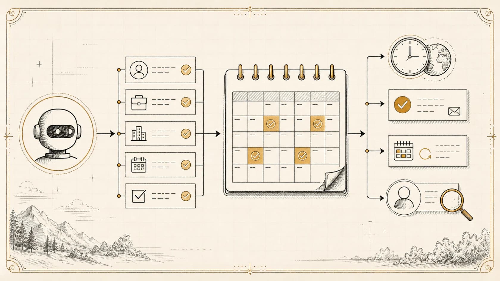 Editorial scheduling blueprint showing qualification, approved availability, booking, confirmation, rescheduling, and human review