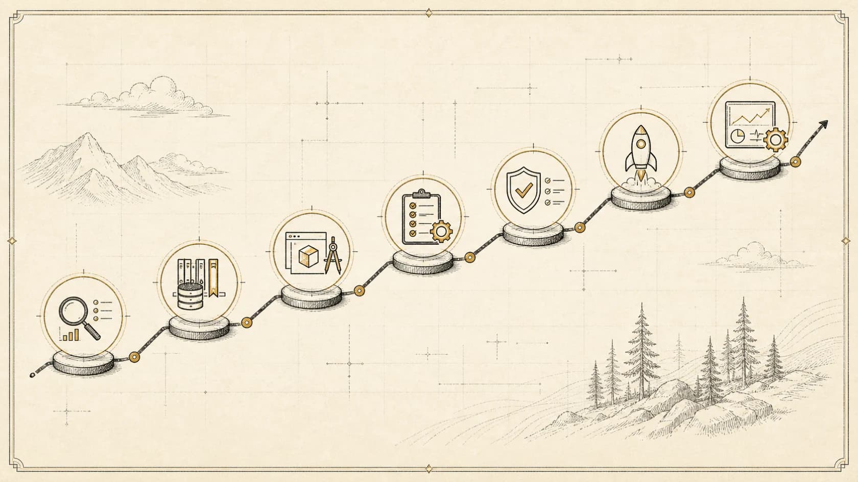 Editorial implementation roadmap moving from assessment through knowledge, controlled build, acceptance testing, launch, and operation