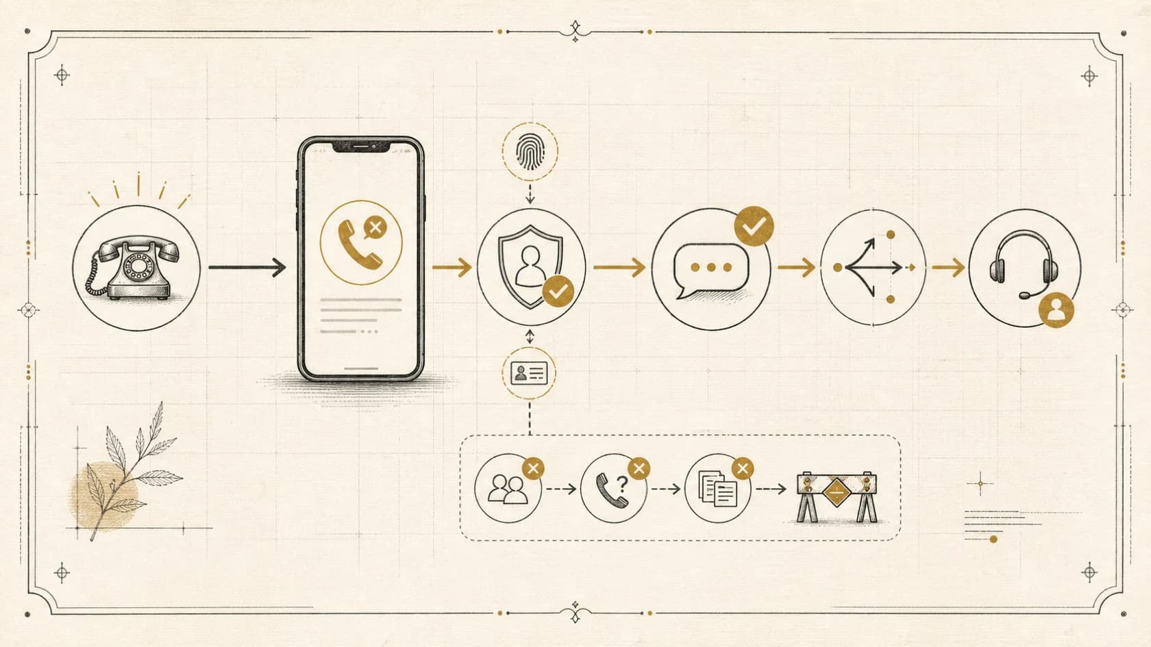 Editorial phone workflow showing a missed call entering identity checks, approved text response, reply routing, and human escalation