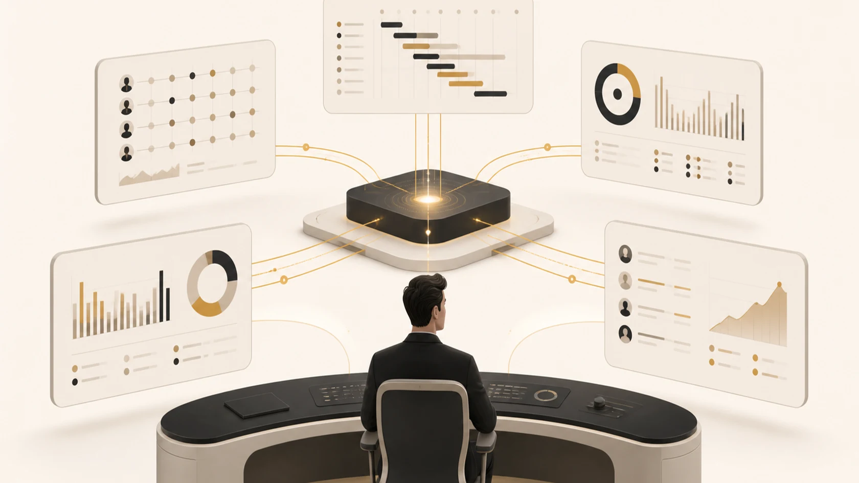 Engraved operations machine connecting project plans, time, team capacity, billing, and client delivery
