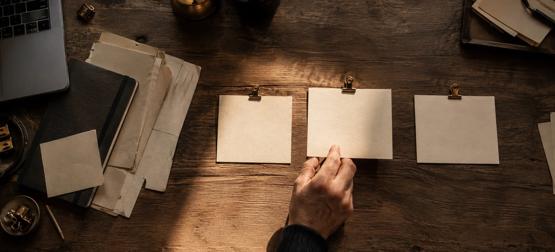 A hand brings one cream card into the light beside everyday paperwork on a walnut desk.