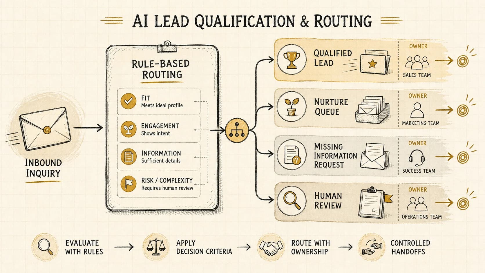 Inbound inquiry passing through qualification rules into qualified, nurture, missing-information, and human-review routes