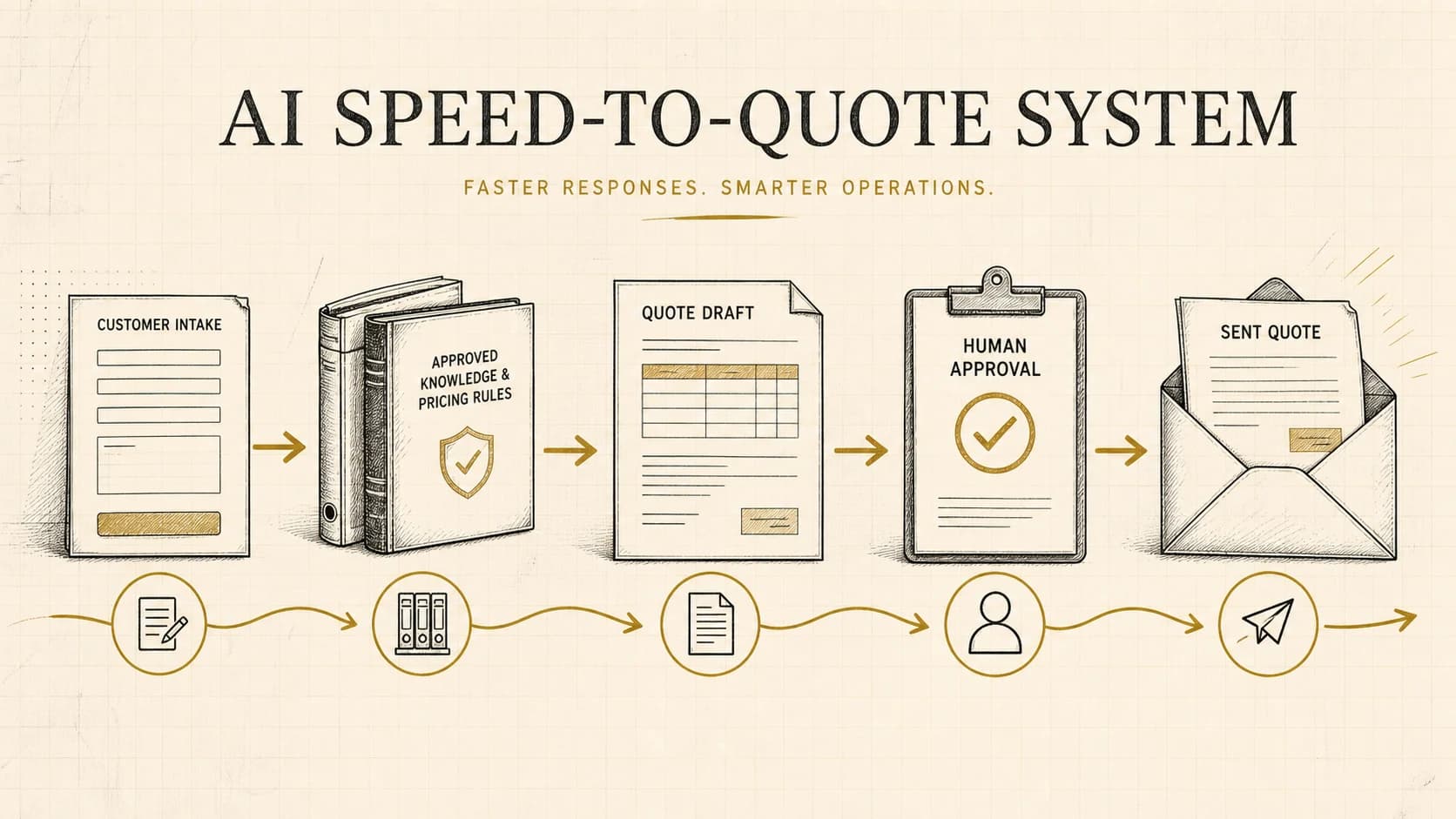 Quote workflow moving from customer intake through approved pricing knowledge, a draft, human approval, and delivery